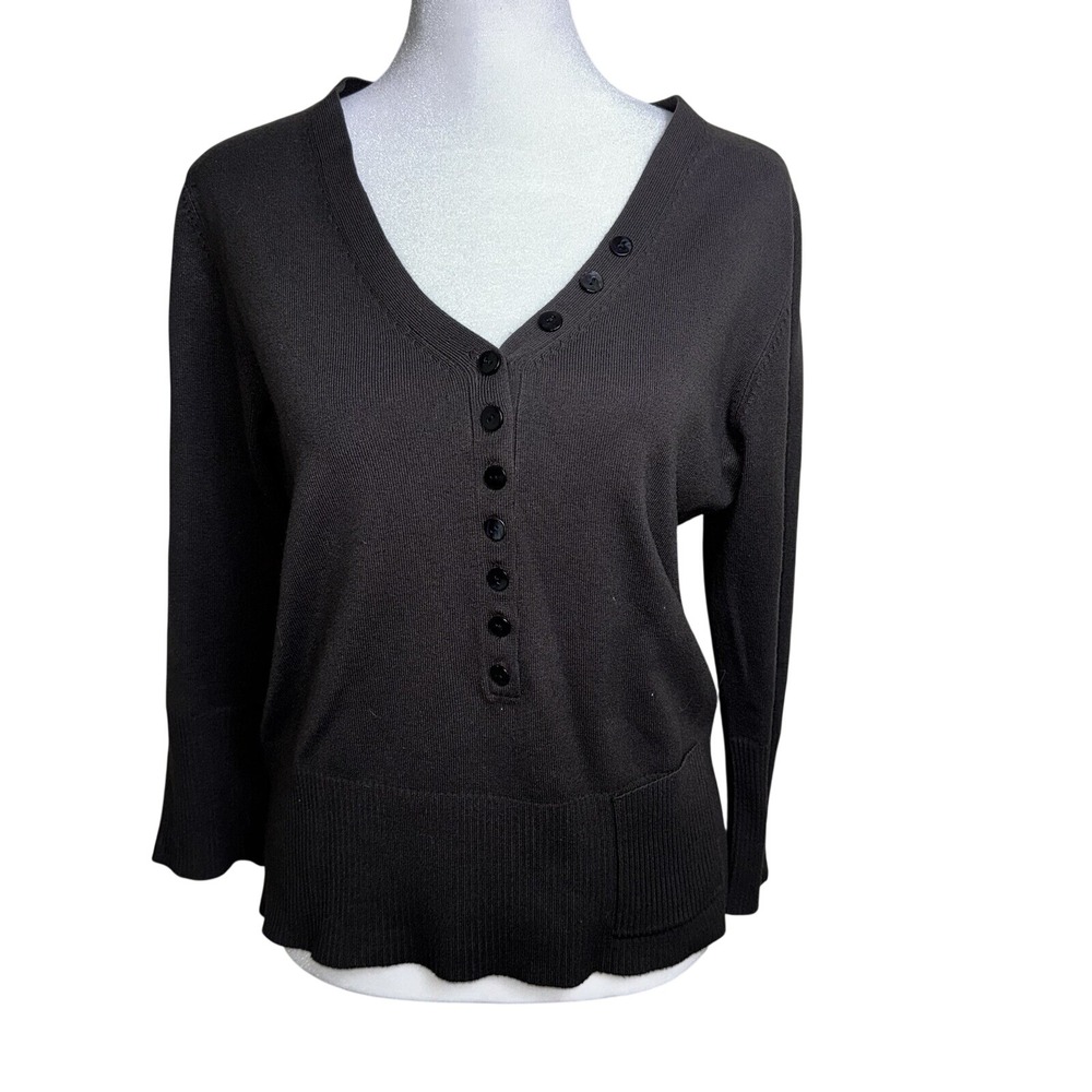 Chicos V-Neck Sweater Brown Button Detail Ribbed Cuff Rayon Blend Size 1 M